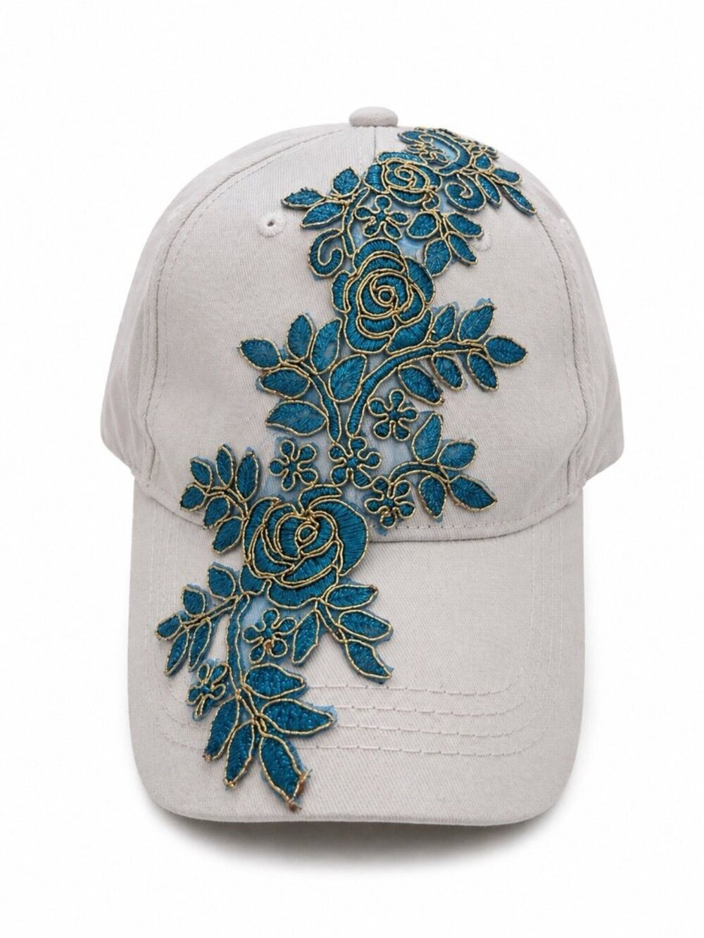 Women Embroidery Rose Adjustable Denim Baseball Cap White Teal OSFM
